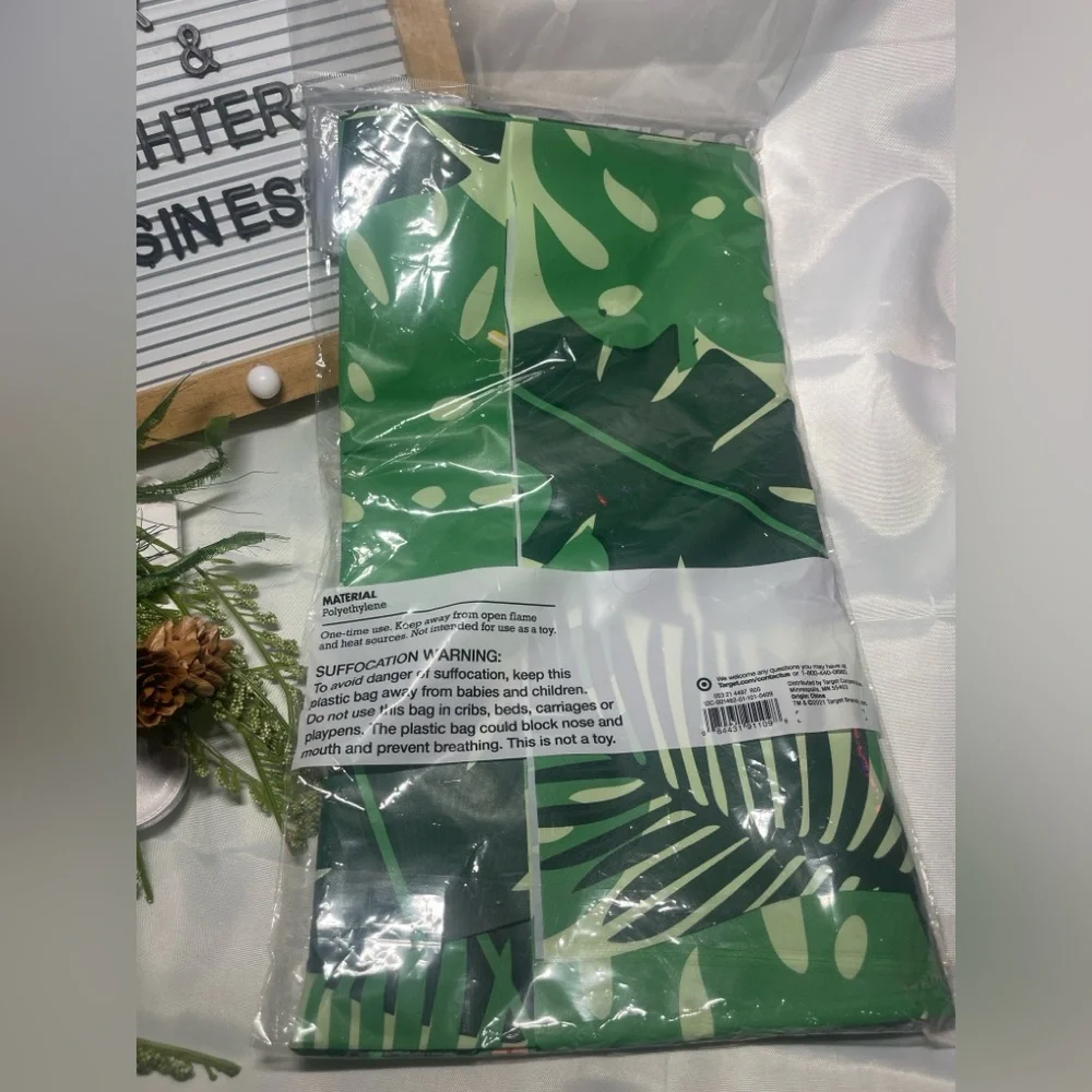 Spritz Tropical Leaf Plastic Table Cover 52”x108” Green & Pink Palm Leaves